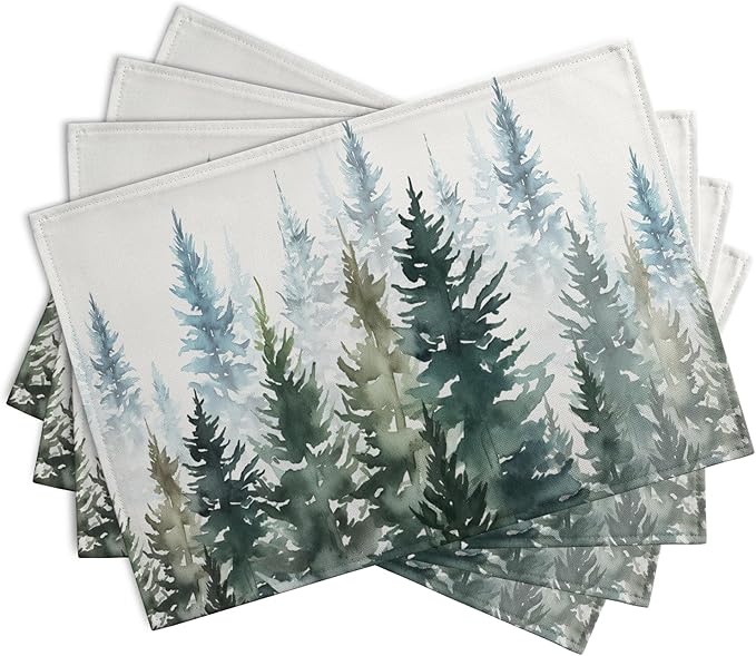 Watercolor Dark Green Tree Table Mats Set of 4 Rustic Nature Forest Pine Tree Placemats Seasonal Winter Holiday Place Mat Farmhouse Washable Linen Placemat for Dining Table Kitchen Christmas Decor-Ruum Studio Home