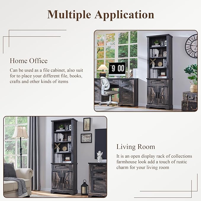 RedLemon Bookshelf with Storage Cabinet, 72" Tall Farmhouse Bookcase with Adjustable Shelves and Barn Door, 4 Tier Office Wood Bookshelf with Drawer for Office Library Living Room (Dark Rustic Oak)-Ruum Studio Home