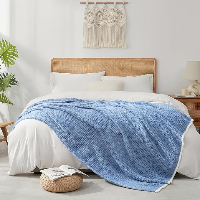 Snuggle Sac Blue Waffle Bedding Blankets Queen Size 90x90 inches, Reversible Microfiber Fluffy Fuzzy Soft Throw Cozy Knit Blanket for Women Mothers Birthday Gifts-Ruum Studio Home