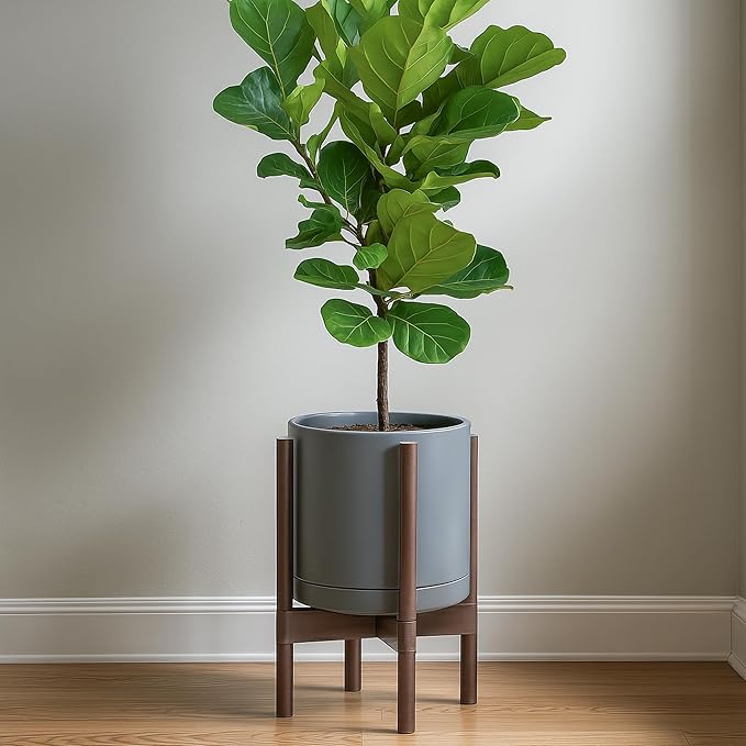 D'vine Dev Ceramic Planter with Walnut Color Stand - 12 Inch Modern Round Flower Pot with Wood Planter Holder, Grey, 55-B-W-3-Ruum Studio Home