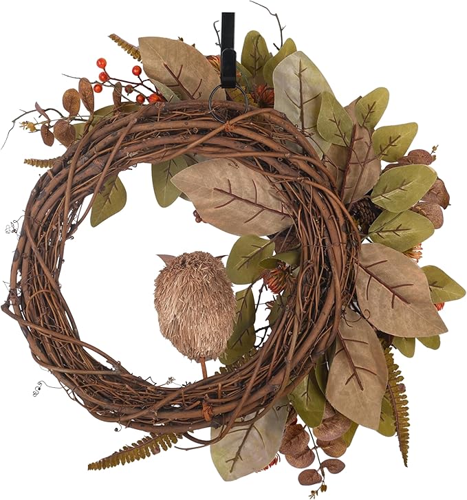 Fall Owl Wreath for Front Door 24 Inch, Autumn Natural Pine Cones Faux Eucalyptus Magnolia Leaf Berry Wreath, Fall Decor for Home Farmhouse Door Wall Window Porch Indoor/Outdoor-Ruum Studio Home