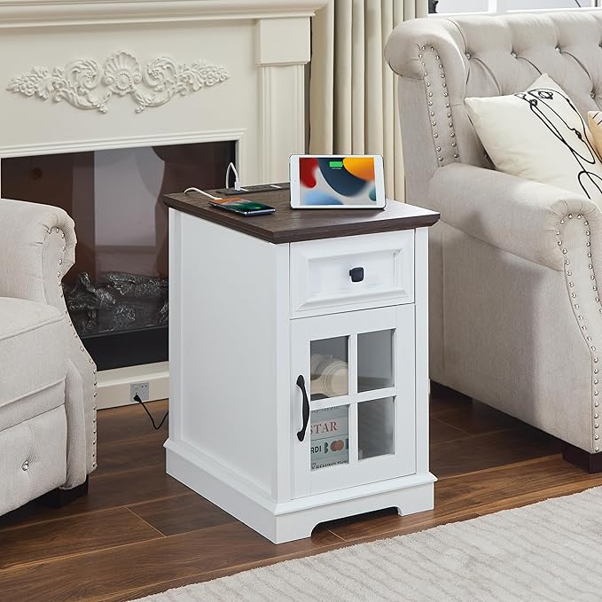 Farmhouse XXL End Table with Charging Station, Side Table with USB Ports and Outlets, Nightstand with Drawer and Glass Door Storage, White Bedside Tables for Living Room, Bedroom, Office-Ruum Studio Home