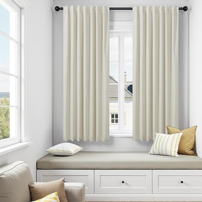 DANCURTON Living Room Black Out Curtains 63 Inch Long Boho Linen Blackout Insulated Thermal Room Darkening Kitchen Drapes for Nursery Kids Home Office Energy Saving Noise Reducing Back Tab Beige 52x63-Ruum Studio Home