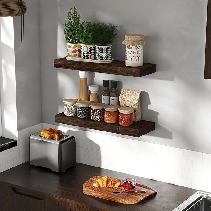 Wood Floating Shelves for Wall, 24" Floating Shelves Wall Mounted, Rustic Old Elm Wood Shelves for Home Decor, Heavy-Duty Storage Shelves for Books, Bathroom, Kitchen, Walnut Color, Set of 2-Ruum Studio Home