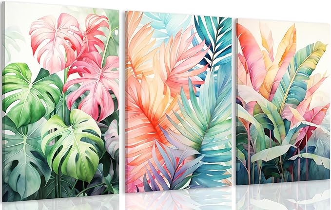 3pcs Framed Tropical Botanical Canvas Wall Art Monstera Leaves Posters Botanical Prints Bohemian style Wall Decor Pictures Palm Leaves Paintings for Bathroom living room Decoration-Ruum Studio Home