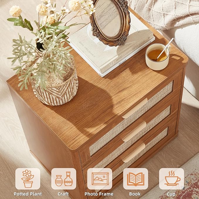 LEYAOYAO Boho Rattan Coffee Table and End Table Sets, 48" Wide Center Tables & 23" Night Stand with 3 Drawers, Brown Wood Coffee Table for Living Room 2 Piece Set-Ruum Studio Home