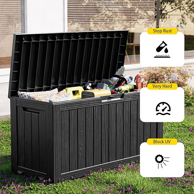 75 Gallon Resin Deck Box, Lockable Outdoor Storage Box for Patio Cushions Storage Furniture,Garden Tools, Pool Supplies, Weatherproof and UV Resistant（Black）-Ruum Studio Home