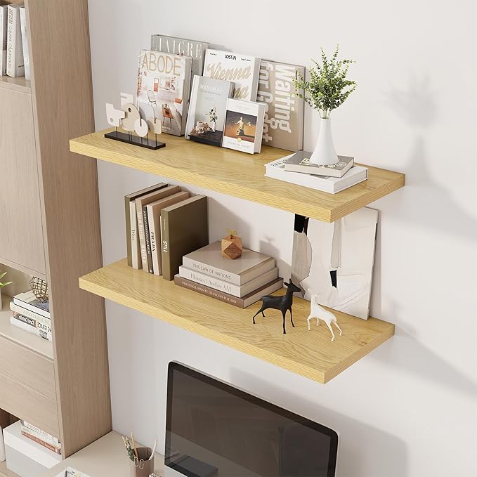 36" Floating Shelves for Wall, 12" Deep Slim Oak Floating Shelves, Wall-Mounted Shelves for Bedroom, Living Room, Kitchen, Bathroom - Set of 2-Ruum Studio Home