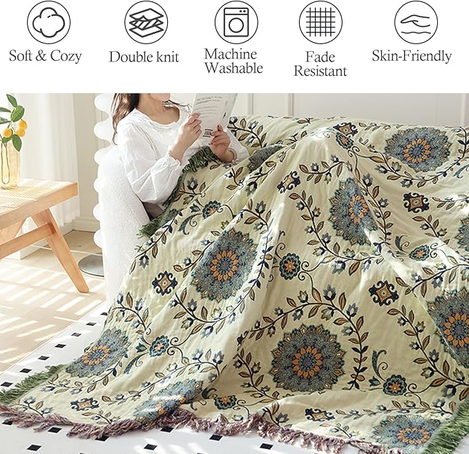 Snycler Boho Throw Blanket for Bed - 100% Cotton Ultra Soft Rustic Quilt - Blue Green Floral Printed Farmhouse Decor Bed Blankets, 60"×80" All Season Rustic Throw for Sofa Couch Chair-Ruum Studio Home