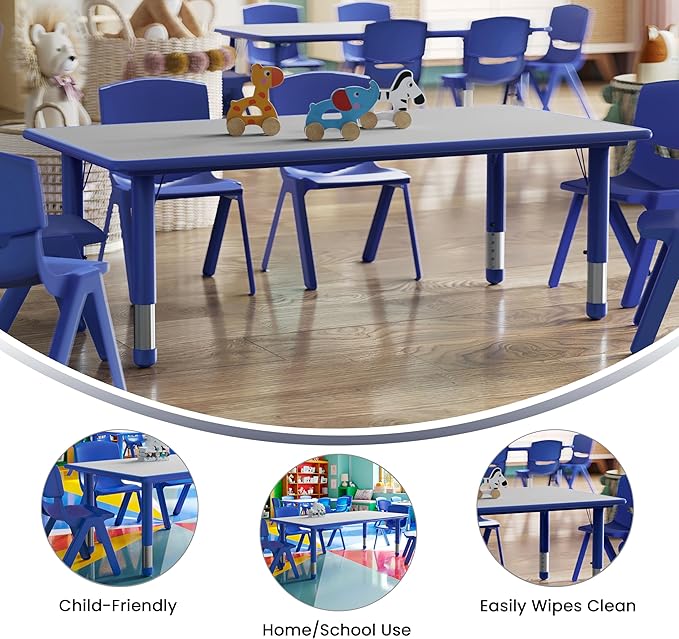 Flash Furniture Wren Adjustable Classroom Activity Table for School and Home, Plastic Activity Table for Kids, 23.625" W x 47.25" L, Gray/Blue-Ruum Studio Home