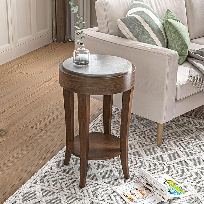 COSIEST Set of 2 Farmhouse Round End Table, 2-Tier Classic Brown Side Table, Wood Accent Table with Storage Shelf for Living Room, Bedroom, Office, Distressed Glaze Finish (Brown & Silver)-Ruum Studio Home