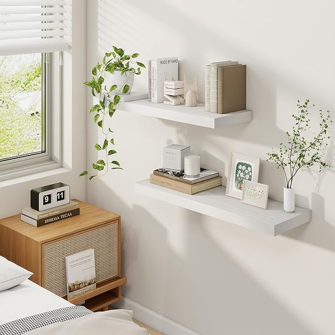 Fun Memories Floating Shelves for Wall, 30 Inch Rustic Wood Wall Mounted Shelves for Bathroom, Bedroom, Kitchen, Living Room, Deep Floating Shelves for Storage & Home Decor (White, Set of 2)-Ruum Studio Home