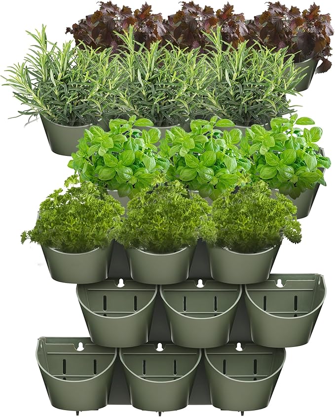 Worth Garden Upgraded 6 Sets (18 Pockets) Self Watering Stackable Vertical Planters - Wall Mounted Plastic Plant Grow Pots for Strawberries Flowers Herbs - Indoor Outdoor Green Wall Decoration (Green)-Ruum Studio Home
