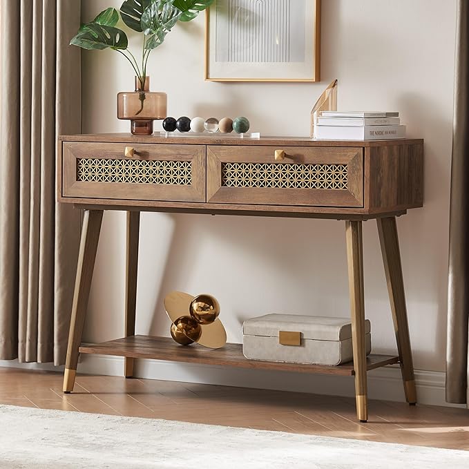 Narrow Sofa Table with Two Drawers and Shelf, Modern Style Wooden Console Table for Living Room, Entryway, Hallway, Rustic Oak-Ruum Studio Home