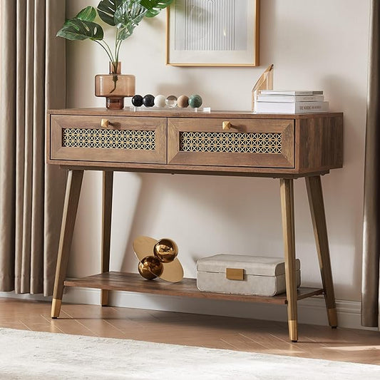 Narrow Sofa Table with Two Drawers and Shelf, Modern Style Wooden Console Table for Living Room, Entryway, Hallway, Rustic Oak-Ruum Studio Home