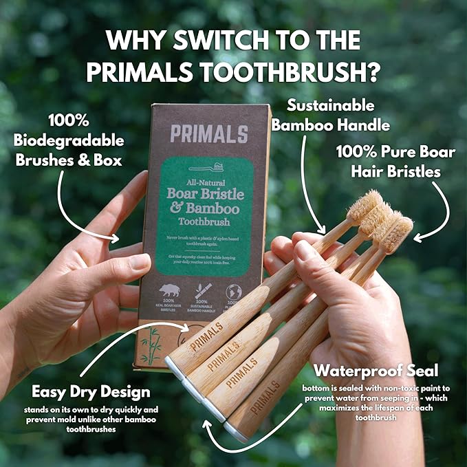 PRIMALS Boar Bristle & Bamboo Toothbrush (4-Pack) - Premium Boar Bristles - Fully Biodegradable - Plastic & Nylon Free - Quick Dry Design-Ruum Studio Home