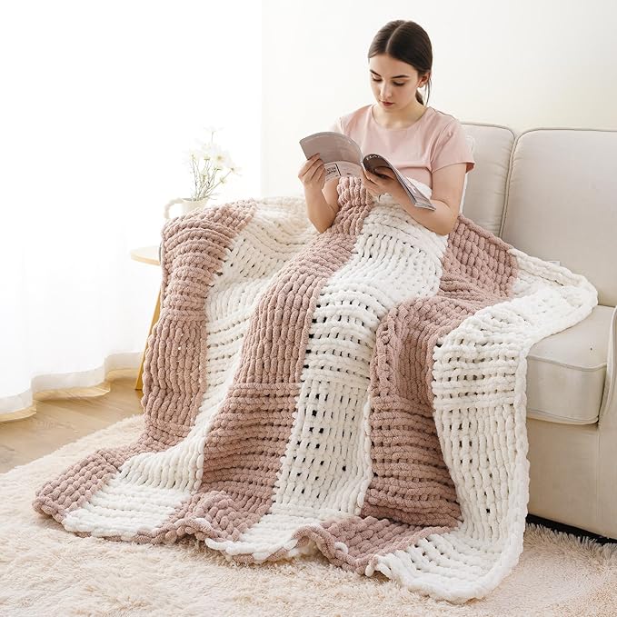 Battilo Chunky Knit Throw Blanket, Soft and Thick Chenille Throw Blanket, 50"x60" Handmade Cable Knit Crochet Blanket, Large Rope Knot Throw Blankets for Couch Sofa Bed Home Decor, Blush & White-Ruum Studio Home