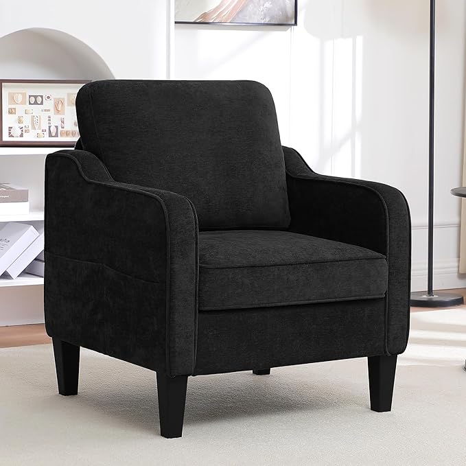 Accent Chair for Living Room, Mid Century Modern Reading Chair for Bedroom, Upholstered Armchair with Side Pockets, Comfy Single Sofa Side Chair for Office, Apartment, Small Room, Black-Ruum Studio Home