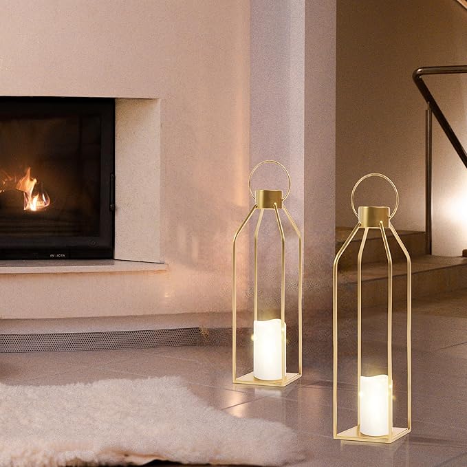 HPC Decor Modern Farmhouse Lantern - 22'' 19'' Large Tall Gold Metal Candle Lanterns with Timer Flickering Candles for Living Room, Outdoor, Fireplace Mantle Decor-Ruum Studio Home