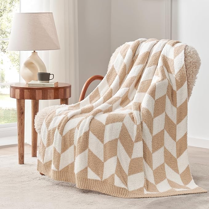 Snuggle Sac Beige Twin Size Blankets for Bed, Super Soft Warm Blankets Oversized Cozy Knit Fuzzy Blanket for Living Room, Chevron Beige,60x80 inches-Ruum Studio Home