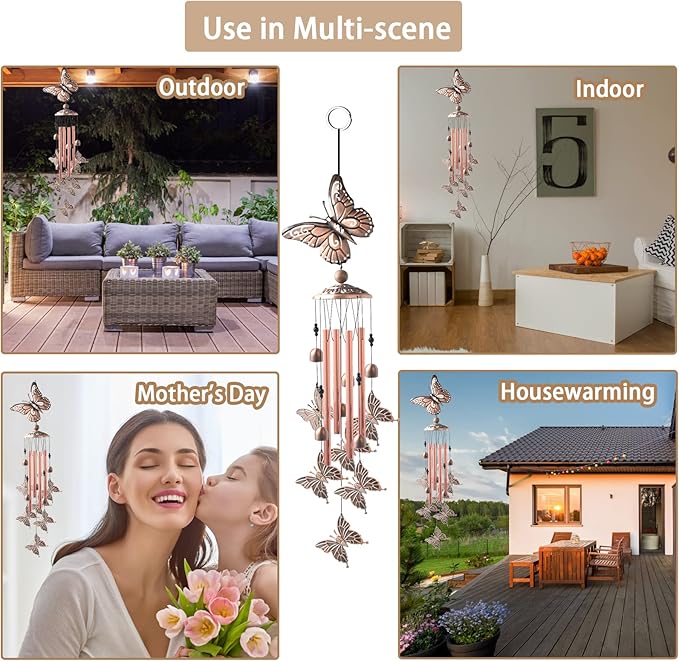 Wind Chimes for Outside, 33" Butterfly Wind Chimes Outdoor, Birthday Gifts for Women Mom Sister, Gift for Garden Porch Patio Home Decor (Golden)-Ruum Studio Home