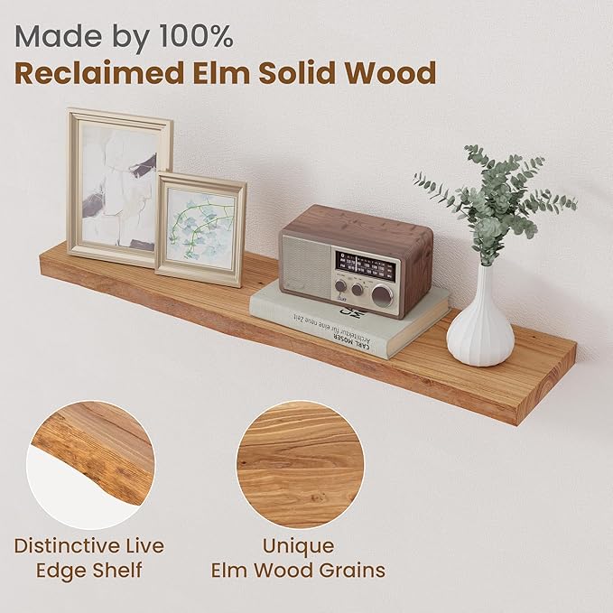 Floating Shelves for Wall Decor, Rustic Solid Elm Wood Live Edge Floating Shelves Wall Mounted, Wall Shelves with Invisible Bracket for Living Room Bathroom Bedroom Kitchen, 32 Inch Set of 2, Natural-Ruum Studio Home