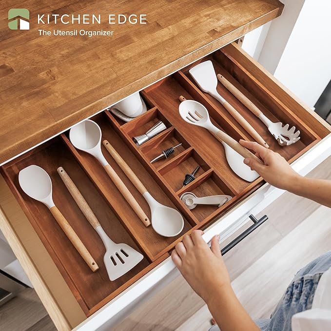 Adjustable Kitchen Drawer Organizer for Utensils and Junk, Food-Safe Contract Grade with 100% Sustainable Wood, Non-Slip, Expandable from 16" to 28" Wide - Natural Acacia-Ruum Studio Home