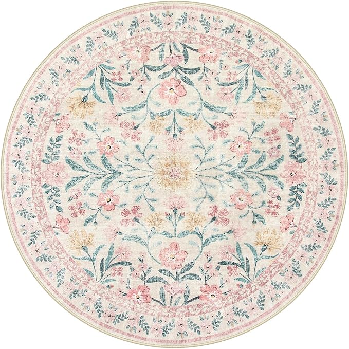 Wonnitar Pink Floral Round Rugs 5ft, Soft Circle Rug Non Slip Washable Round Carpet, Boho Non-Shedding Flower Distressed Circle Carpets for Bedroom Girls Room Nursery-Ruum Studio Home