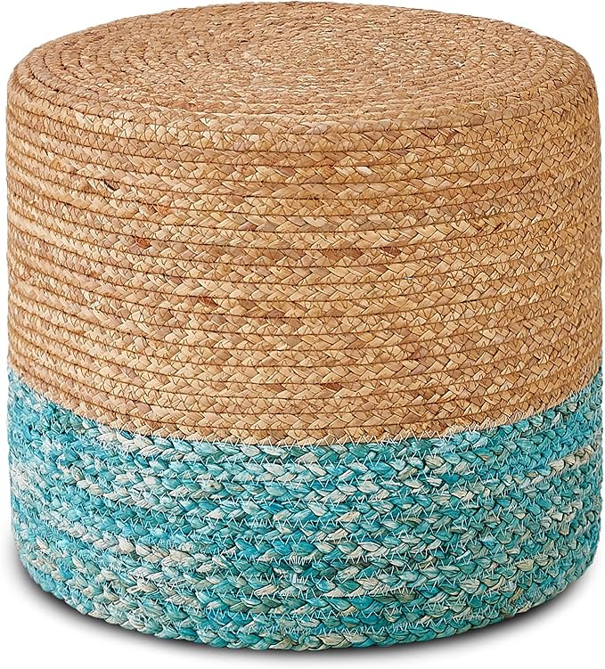 Wimarsbon 18'' Ottoman Pouf, Natural Braided Poof, Rustic Handweave Lounge Pouffe, Boho Footrest Stool for Bedroom, Accent Table for Living Room (Natural Water Hyacinth + Lake Blue Corn Husk)-Ruum Studio Home