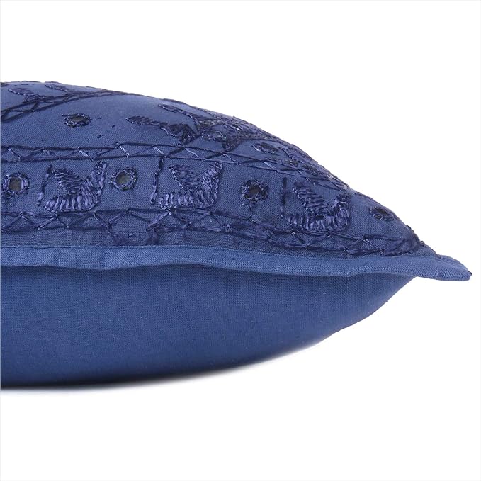 Eyes of India Embroidered Decorative Boho Throw Pillow Cover with Mirrors, Handmade Bohemian Accent Cushion Case for Sofa Couch Bedroom Living Room (Blue, 24" x 24")-Ruum Studio Home
