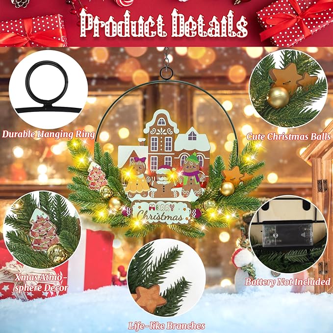 Light up Christmas Wreaths for Front Door, Welcome Metal Wooden Door Wreath Decor Hanging Sign, 30 LED Lighted Wall Decor Battery Operated for Halloween Indoor Outdoor (Gingerbread Man)-Ruum Studio Home