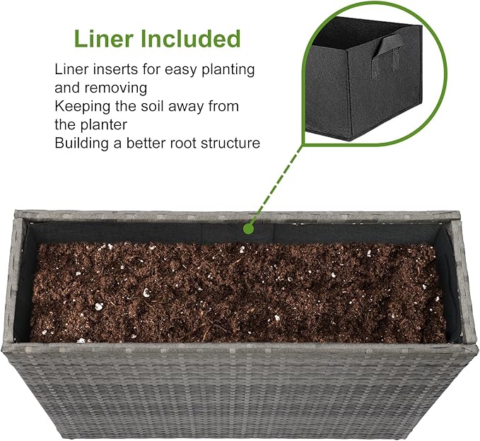 LEWIS&WAYNE Tall Planters for Outdoor Plants Handmade Wicker Large Rectangular Block Planter Box with Removable Liners Modern Planter for Indoor Outdoor Patio Deck - Gray-Ruum Studio Home