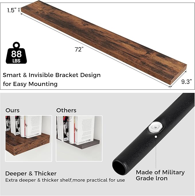 Floating Shelves for Wall, Large Wall Mounted Shelves with Invisible Brackets, Long Wood Floating Shelf for Living Room, Bedroom, Kitchen, (Brown, 72" W x 9" D x 1.5" H)-Ruum Studio Home