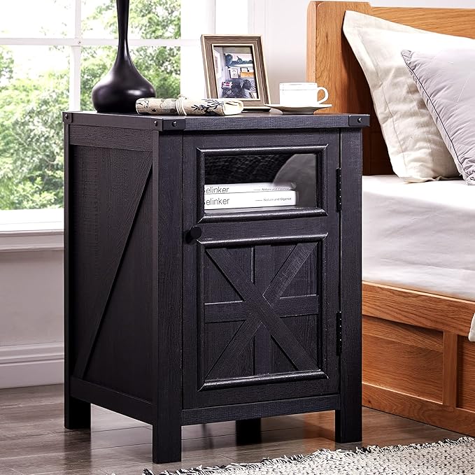 JXQTLINGMU Farmhouse End Table with Charging Station, 18'' Rustic Nightstand with Barn Door & Adjustable Shelf, Wooden Sofa Side Table with 3-Tier Storage for Living Room, Bedroom, Black-Ruum Studio Home