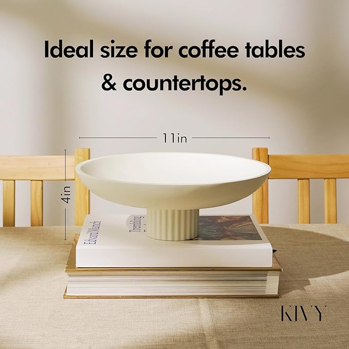 KIVY Concrete Fruit Bowl for Kitchen Counter - Large Decorative Pedestal Bowl for Home Decor - Modern Key Bowl for Entryway Table - White-Ruum Studio Home