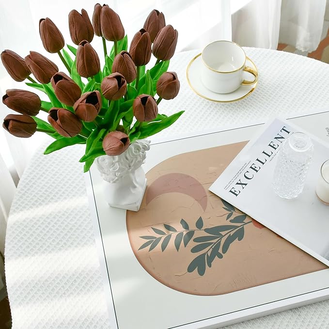 Mandy's Artificial Tulips 20 Stems Brown PU Faux Flowers for Wedding Home Decor 13.5 Inch-Ruum Studio Home