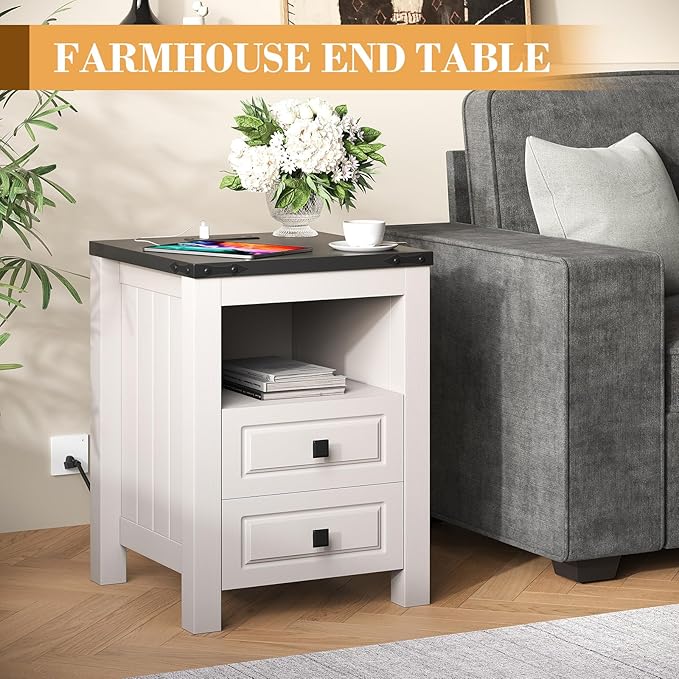 Apicizon End Table, Farmhouse End Tables with Charging Station, Nightstand with Drawers and Storage Cabinet, Wood Coffee Table for Small Spaces, Sofa Side Table for Living Room, Bedroom-Ruum Studio Home