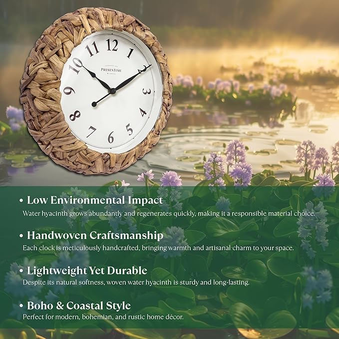 Presentime & Co. Farmhouse Series, Rustic Woven Clock, 14 inch, Natural Woven Water Hyacinth/Sea Grass. Wall Sculpture, Wall Art and Timepiece for Home Decoration/Decoration/Farmhouse Décor-Ruum Studio Home