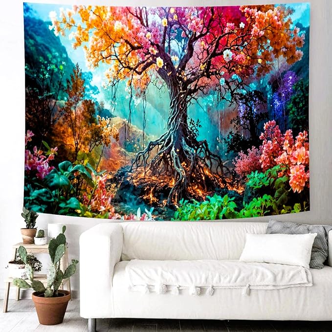 Delur Forest Tapestry Tree of Life Fantasy Tropical Rainforest Tapestry Wall Hanging Colorful Nature Mystical Landscape Psychedelic Spiritual Headboard for Bedroom Living Room Home Decor (51.2" x 59.1")-Ruum Studio Home