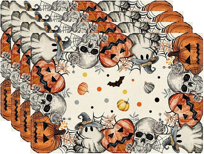 XCHI Spooky Skeleton Ghost Pumpkin Halloween Placemats Set of 4 Table Mats for Party Home Kitchen Dining Table Decorations 12x18 Inch-Ruum Studio Home