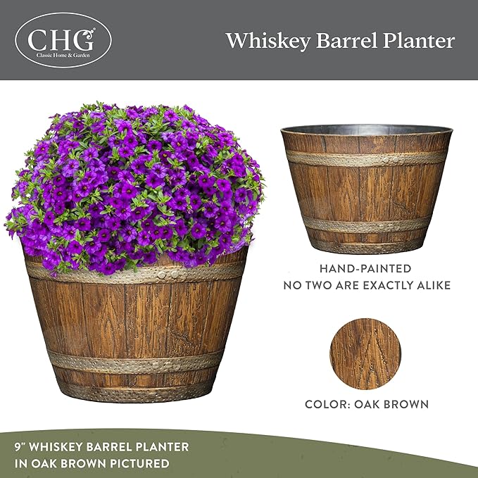 Classic Home & Garden Whiskey Barrel Planters - Wooden Finish Flower Planter Pot - Stylish Garden Pots - Indoor & Outdoor Resin Planters - Weather-Resistant Planting Pots (9" Oak Brown, Pack of 1)-Ruum Studio Home