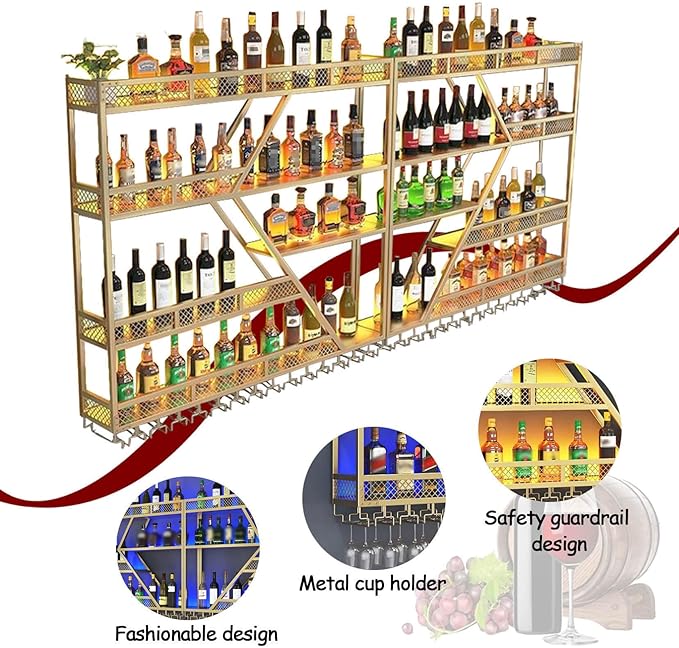 Wall Mounted Wine Rack with Glass Holder, 3-Tier Metal Storage Shelf, Black Diamond Design, Wine Bottle Display with Stemware Storage (Black, 31.49in/Right)-Ruum Studio Home