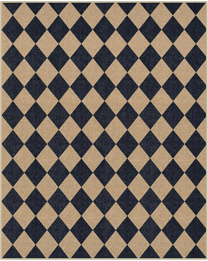 Lahome Checkered Easy Jute Area Rug 8x10, Large Living Room Patio Rug Checkerboard Indoor Outdoor Carpet, Farmhouse Geometric Non Slip Black Carpet for Backyard Dining Room-Ruum Studio Home
