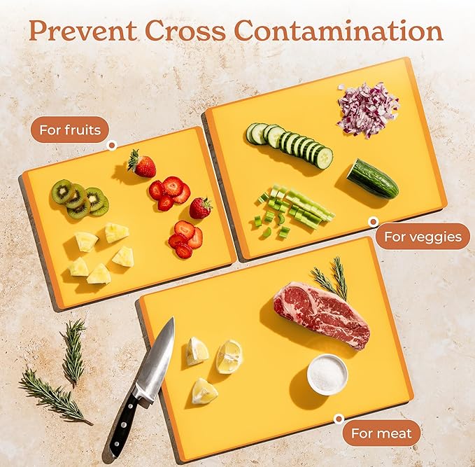 SMIRLY Plastic Cutting Board Set with Holder 3 Pieces, Non-Slip Dishwasher Safe Chopping Boards for Kitchen, Yellow-Ruum Studio Home