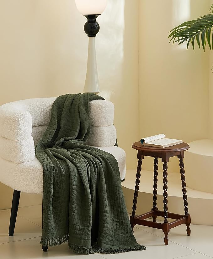 100% Cotton Muslin Throw Blanket for Bed, Couch, Small, Decorative, Soft, Pre-Washed, Breathable and Lightweight Gauze Blanket with Tassels, Suitable for All Seasons, Olive Green, 50"x60"-Ruum Studio Home