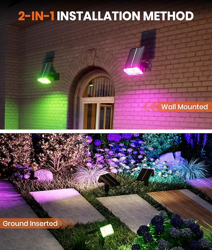 Solar Spot Lights Outdoor 2-Pack Multicolor IP65 Waterproof RGB - 6 Colors, 2 Modes, 105° Adjustable 58 LED Flood Lights, Solar Powered Spotlights for Yard, Garden, House & Landscape Lighting Outside-Ruum Studio Home