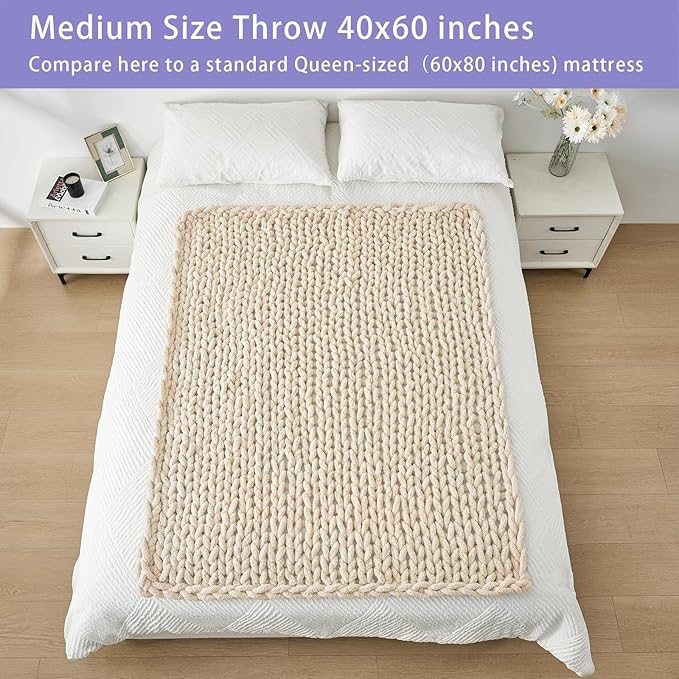 Bigacogo Chunky Knit Throw Blanket for Couch, 40x60 inches, 100% Hand Knitted with Thick Jumbo Chenille Yarn, Cozy Soft Large Rope Knot Cable Crochet Blankets for Sofa Bed Living Room, Beige-Ruum Studio Home
