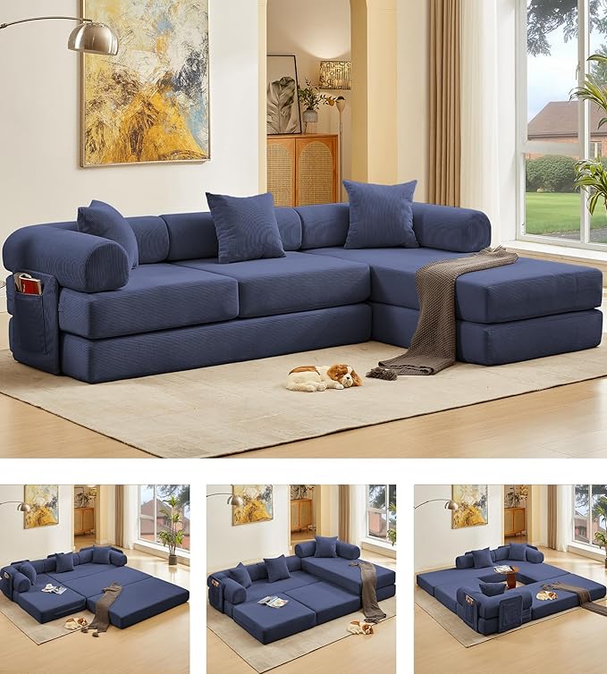 107" Oversized Convertible Sleeper Sofa Bed, Corduroy L Shape Sectional Couch, Folding Sofa Bed with Side Pocket, Modern Cloud Floor Mattress Couch,Modular Sofa for Living Room,Dark Blue-Ruum Studio Home
