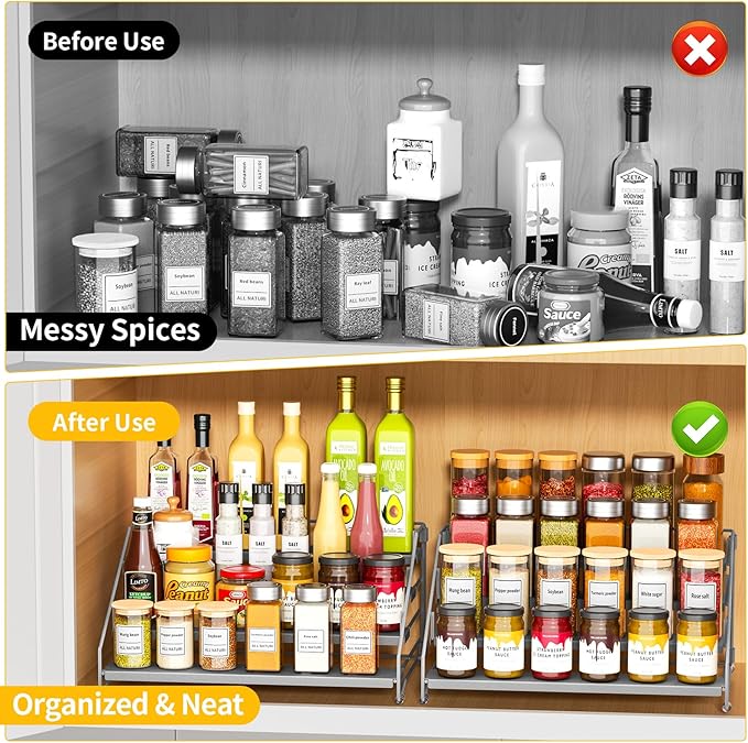 RCHYFEED 4 Tier Spice Rack Organizer, Spice Organization for Cabinet,Pantry, Countertop,Tiered Spice Rack Easy Visibility,Depth Expandable Seasoning Shelf for Kitchen Cabinet Organizer,Silver,2 PACK-Ruum Studio Home