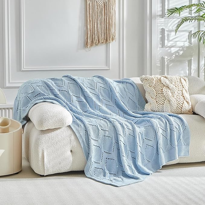 Longhui bedding Chunky Cotton Knit Throw Blanket for Couch, Sofa, Bed, or Chair, Decorative Breathable Fall Cable Knit Blanket 60 x 80 Inches, Light Blue-Ruum Studio Home